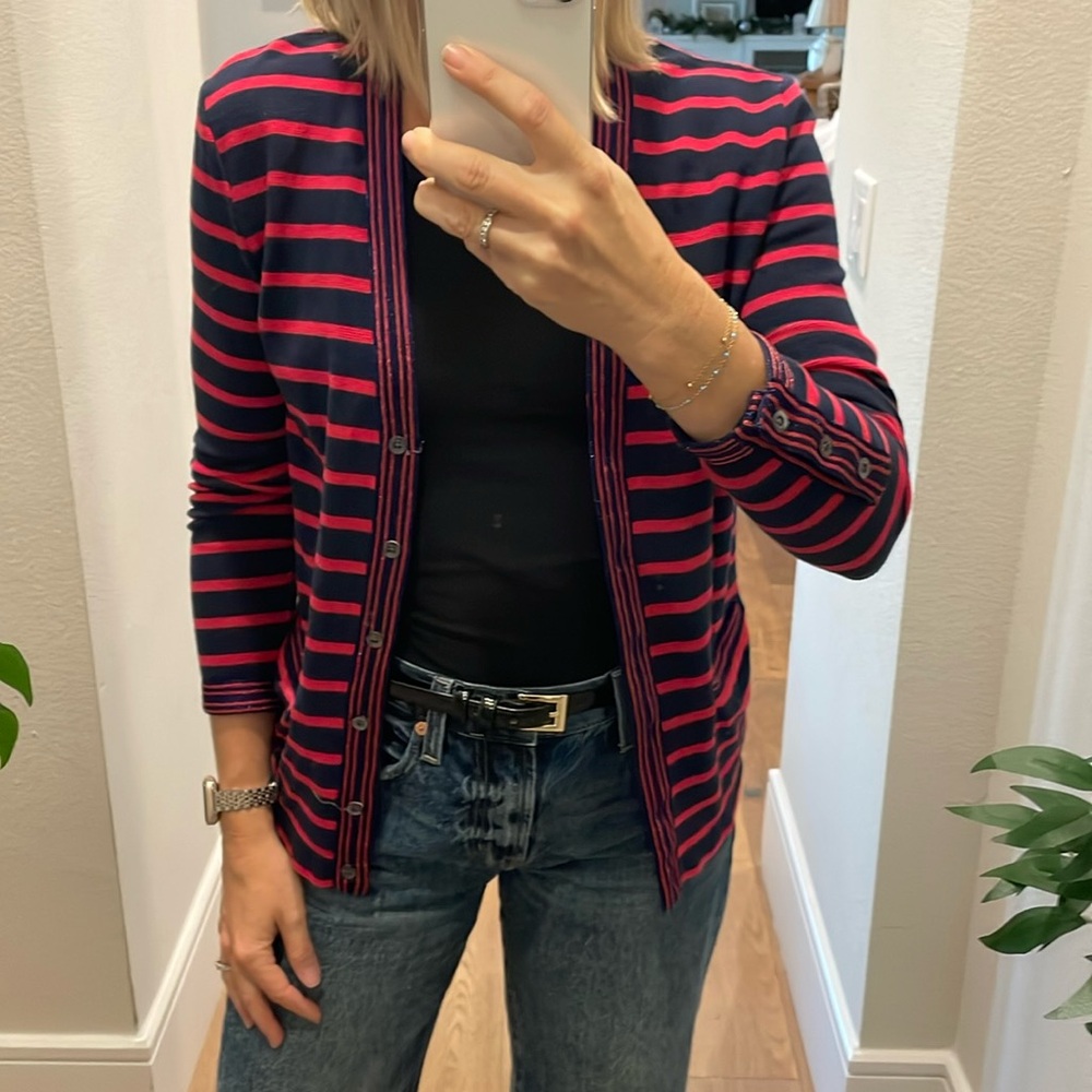 J. Crew Blue Red Stripe Metallic Trim V Neck Cotton Cardigan Sweater XS